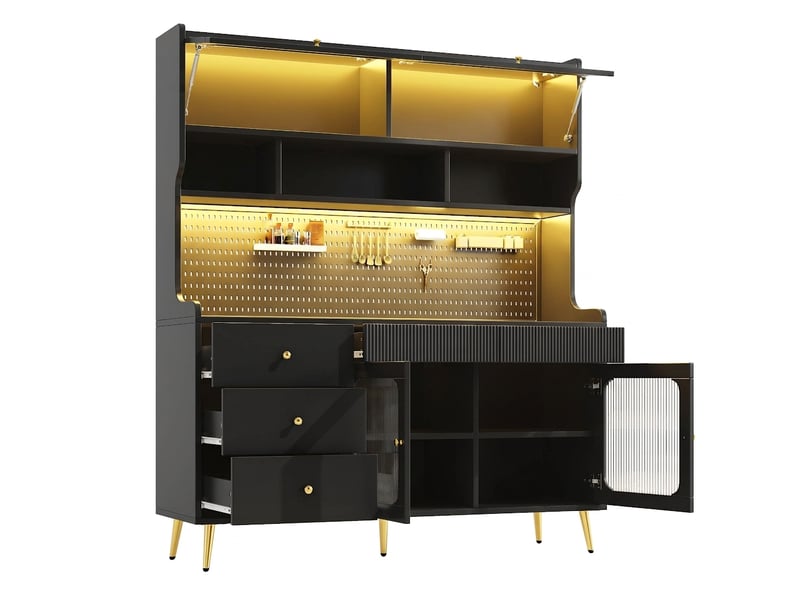  Buffet de cuisine haut noir 145x39x171 cm avec led rgb et porte relevable en verre strié  - Conforama A