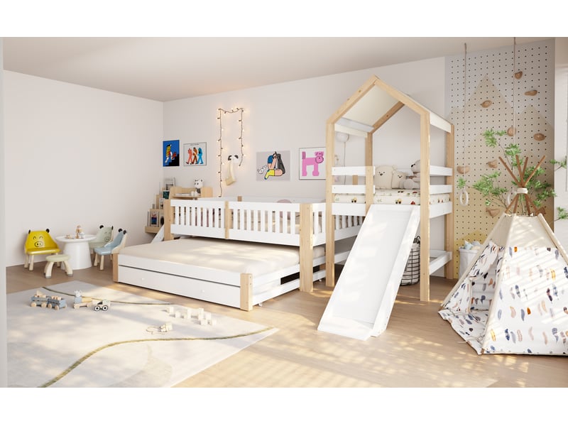  Lit enfant 90x200 avec lit gigogne 90x190 bois massif blanc et bois naturel toboggan escalier latéral et tiroirs Sol Morn - Conforama E