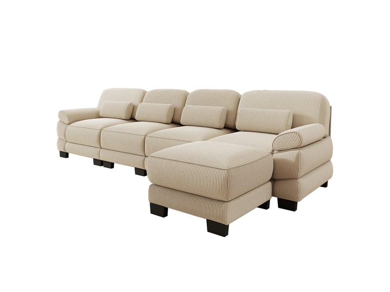  Canapé modulable angle l 4 places 336x161x94 cm, avec pouf, assise profonde, cadre robuste, velours côtelé beige design  - Conforama A