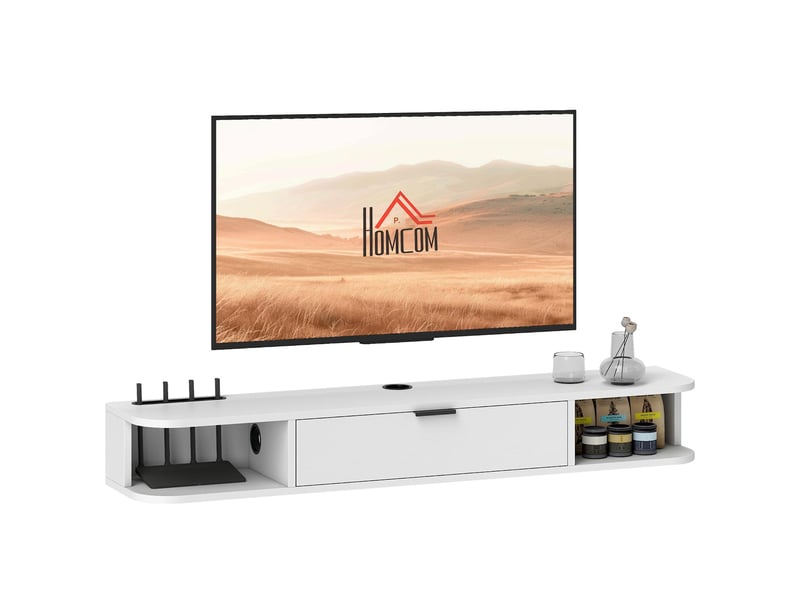  Meuble tv suspendu 1 tiroir rabattable et 2 étagères blanc 120x24x16 cm  - Conforama A