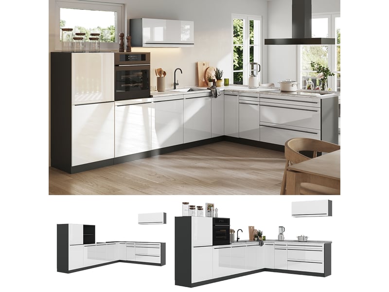 Vicco cuisine en angle, blanc haute brillanceanthracite, 327 x cm plan de travail marbre - Conforama D