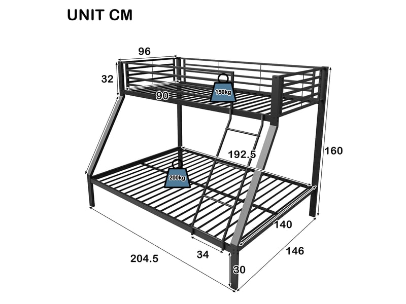  Lit superposé 3 places 90×200 cm et 140×200 cm, échelle réversible et barrières - okmyhome- noir, sans matelas  - Conforama D