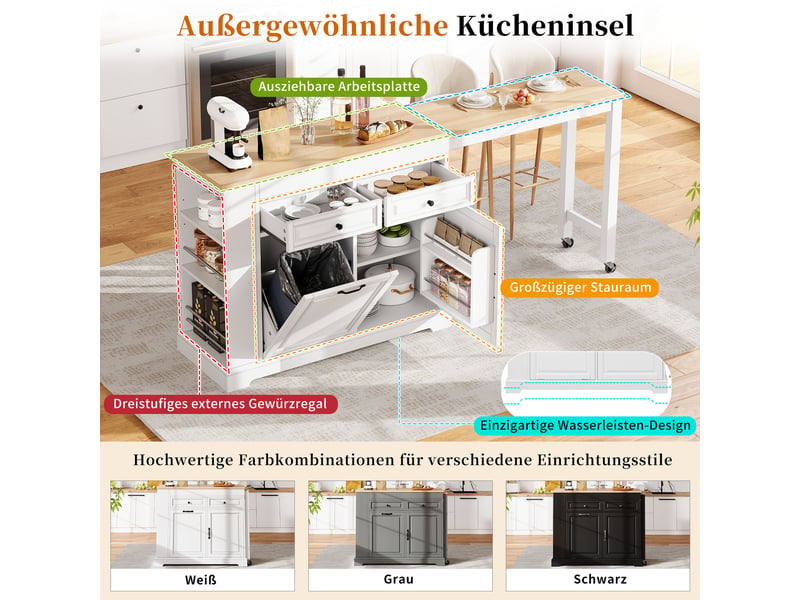  Îlot de cuisine sur roulettes plateau extensible 112-180 cm meuble poubelle 2 tiroirs blanc  - Conforama E