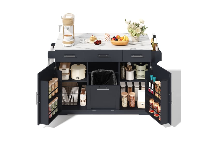  Desserte de cuisine à roulettes avec 3 tiroirs, rangements de porte, poubelle et prises, en mdf gris, 136 × 75 × 92 cm  - Conforama A