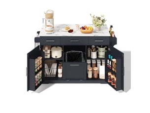 Desserte de cuisine à roulettes avec 3 tiroirs, rangements de porte, poubelle et prises, en mdf gris, 136 × 75 × 92 cm