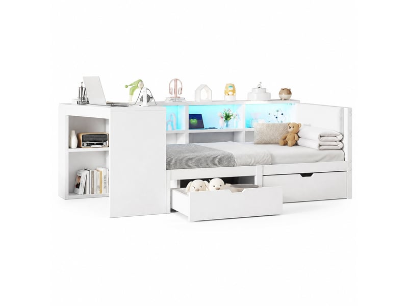  Lit avec tiroirs 1 place en bois avec 2 tiroirs, prises, usb et led 7 couleurs, 200 x 90 cm, sans matelas, blanc  - Conforama A
