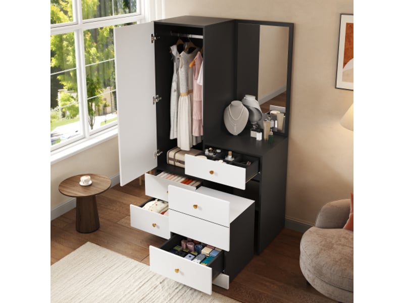  Garde-robe-coiffeuse mdf multifonction avec tabouret coulissant, miroir, tiroirs maquillage, poignées rondes en fer  - Conforama D