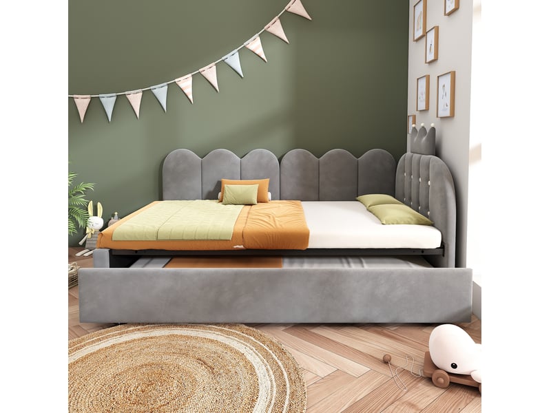  Modenvie lit gigogne 90x200 cm - forme l en velours avec tete de lit couronne, sans matelas - gris  - Conforama D