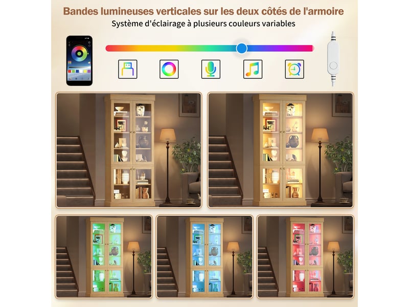  Lot de 2 vitrines 80 x 40 x 180 cm - avec led multicolore, portes vitrées, étagères réglables, anti-basculement, naturel  - Conforama E