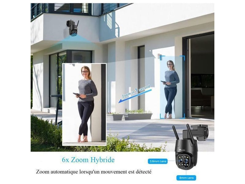  Caméra de sécurité extérieure wifi 2.5k 4mp double lentille zoom hybride 6x vision couleur jusqu’à 20 m  - Conforama C