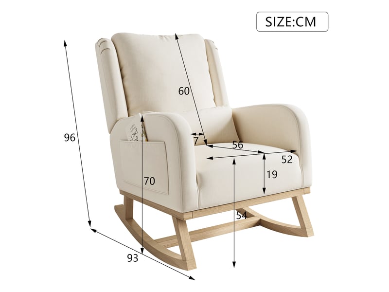 Fauteuil à bascule - 93 x 70 x 96 cm - beige - en tissu lin - chaise à bascule confortable avec coussin lombaire et pieds en bois - Conforama B