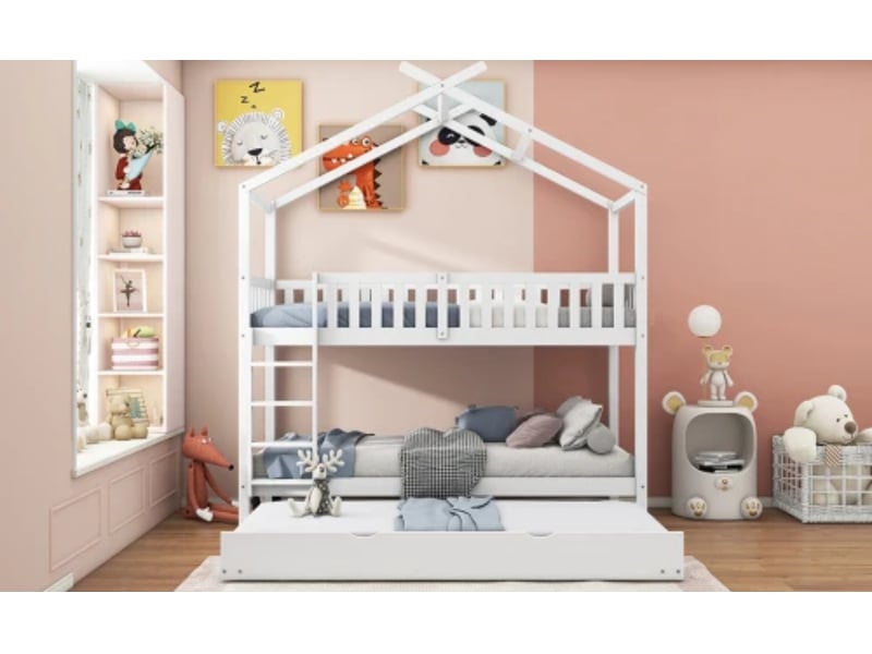 Lit maison enfant, 90×200 cm, 3 couchages, lit gigogne, design gain de place, blanc - Conforama B