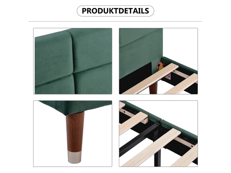  Lit adulte 140x200 cm, lit double avec tête de lit et sommier, velours vert, inclus matelas  - Conforama R
