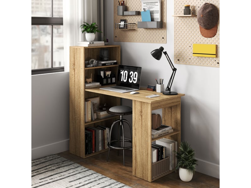  Bureau informatique avec étagère de rangement bureau d'angle adjacente bibliothèque multi-rangements chêne  - Conforama W