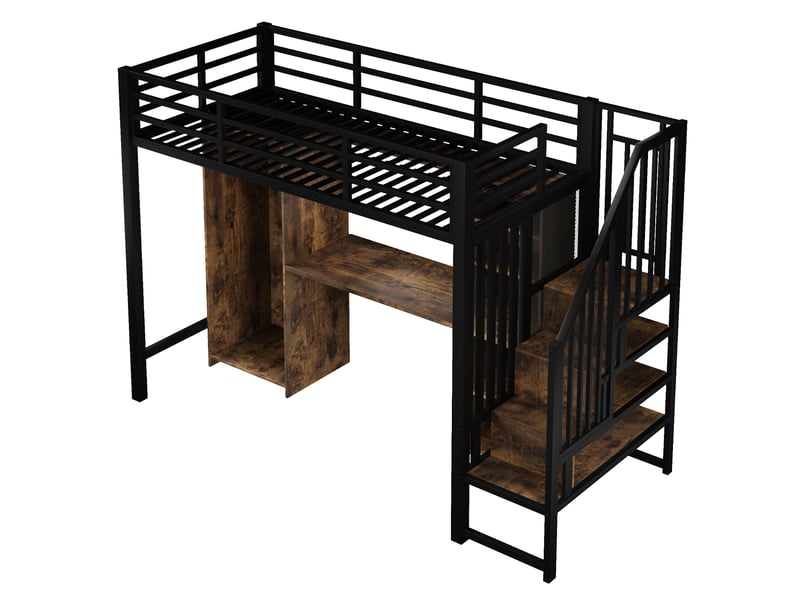  Lit mezzanine 90 x 200 cm noir métal et mdf, bureau, armoire et escalier avec rangements intégrés  - Conforama D