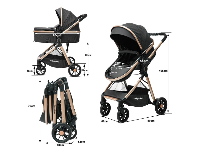  Poussette bébé 2 en 1 80x62x103 cm noire en tissu et mesh, pliage compact de la naissance à 36 mois  - Conforama C