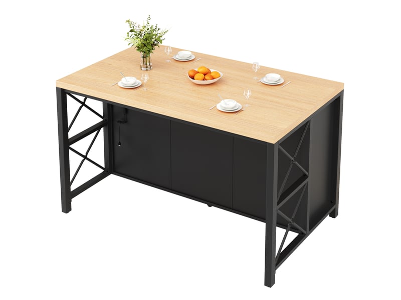 Desserte de cuisine avec led, 3 tiroirs et 3 portes en verre, îlot cuisine en mdf noir, 150x80x90 cm - Conforama D