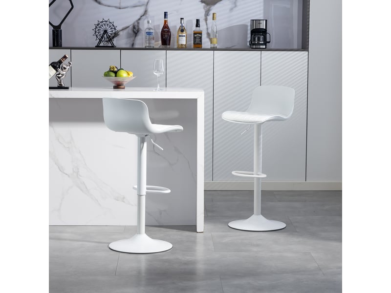  Lot de 2 tabourets de bar blancs pivotants et réglables, dossier plastique, assise similicuir, vérin à gaz, repose-pieds métal  - Conforama D