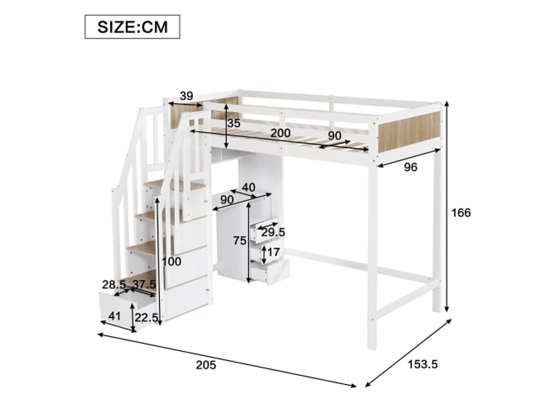  Lit superposé 90x200 cm, avec bureau et 3 tiroirs, en bois, blanc et naturel, sans matelas  - Conforama D