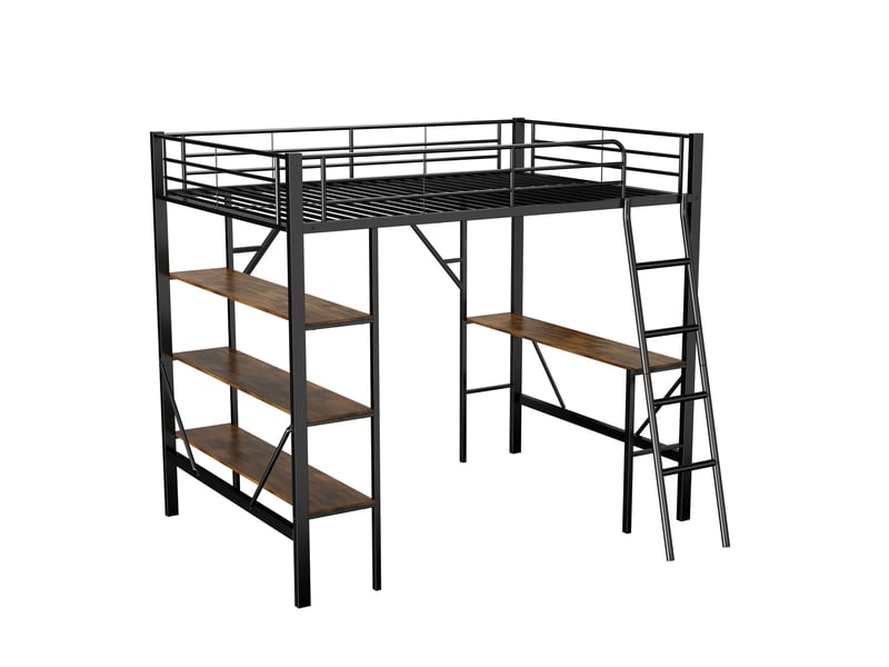  Lit mezzanine noir 90x200cm avec rangement, échelle, bureau et étagères, 3 étagères, sécurité renforcée - fer - pour enfant ado  - Conforama C