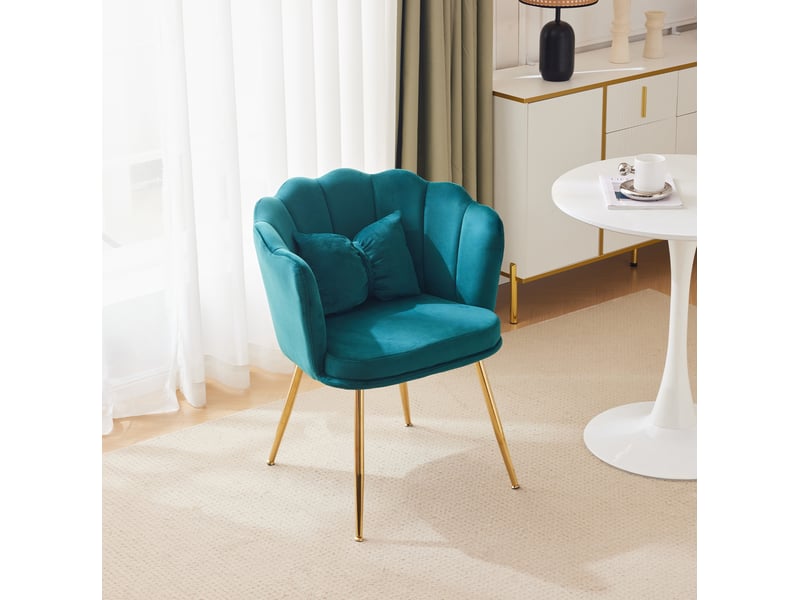  Fauteuil 58x63x77 cm, confortable, coussins papillon et dossier à pétales, pieds métalliques dorés, en tissu velours vert  - Conforama B