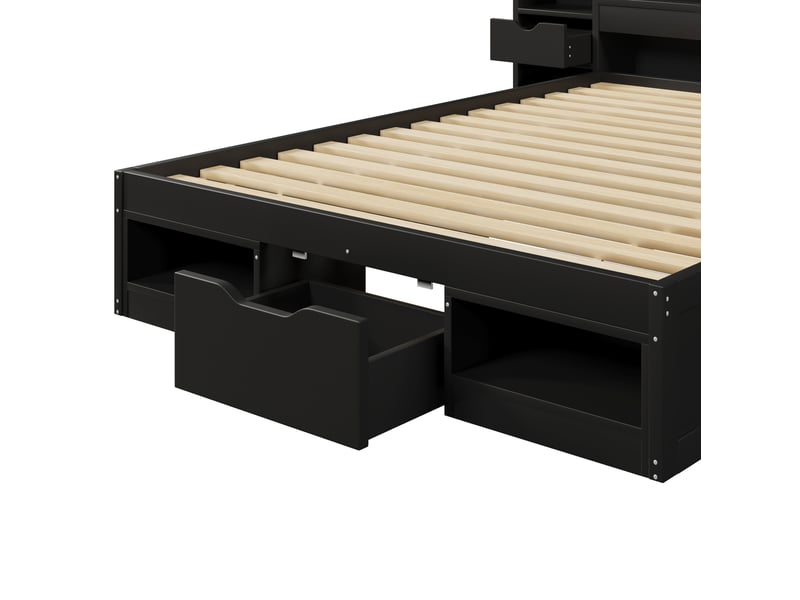  Lit plateforme 140x200 cm, tête et pied de lit avec rangements, led, port usb, mdf et contreplaqué, noir sans matelas  - Conforama E