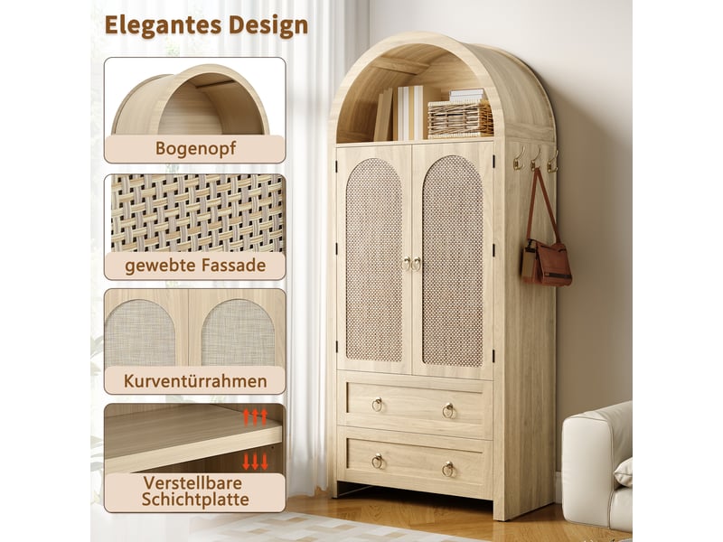  Armoire 80x40x180cm, tablettes ajustables et crochets latéraux, 2 tiroirs, portes en cannage de rotin, niche cintrée, style vintage  - Conforama E