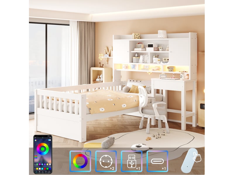  Lit enfant 90 × 200 cm avec bureau à tiroirs, rangements en tête de lit, barrières, éclairage led et prise, blanc  - Conforama D