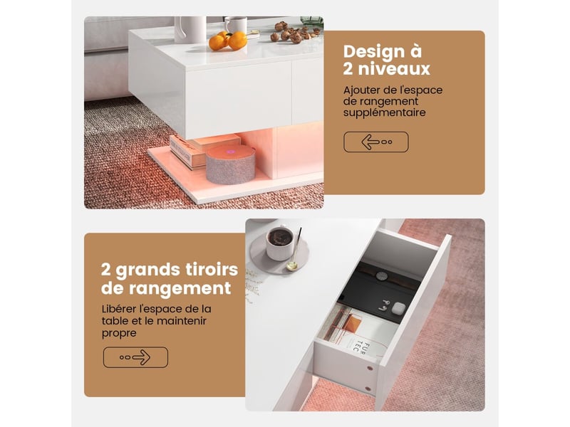  Design blanc laqué brillant table basse led télécommande 2 tiroirs et étagère rangement 110x60x40cm pour salon moderne  - Conforama D
