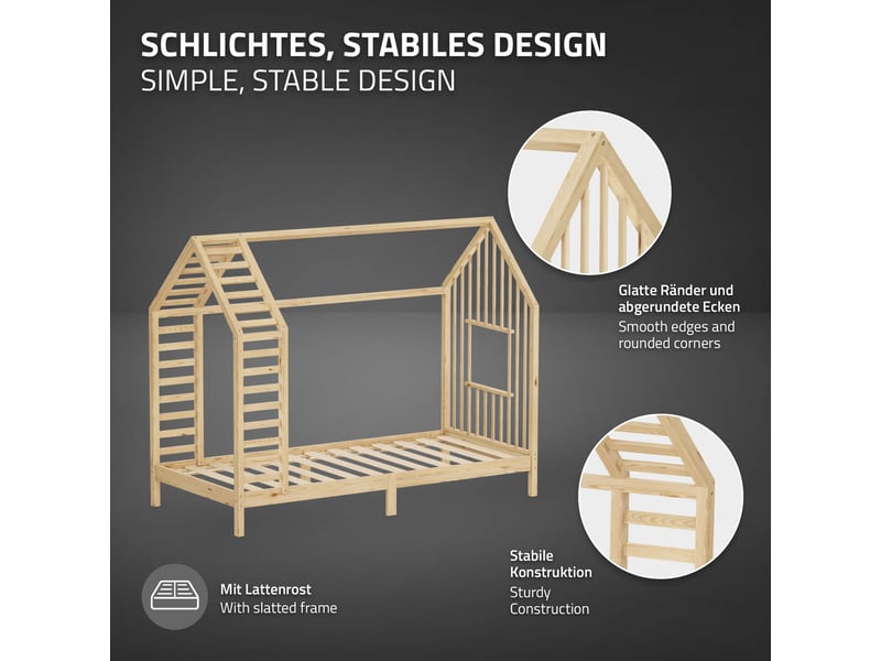  Ml-design lit cabane enfant avec matelas et sommier en bois de pin massif 90x200 cm, naturel, forme de maison avec toit et fenêtre, cadre montessori robuste pour filles et garçons, charge max. 100 kg ECD Germany GmbH - Conforama D