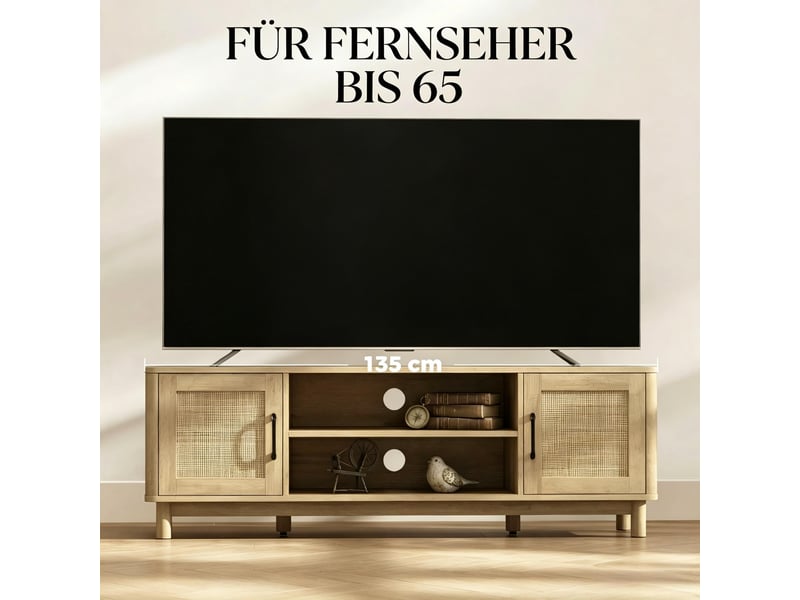  Meuble tv 135 cm avec rangements ouverts et passe-câbles - lpospi - pieds réglables, rattan et bois eiche 135 × 39 × 45 cm  - Conforama E