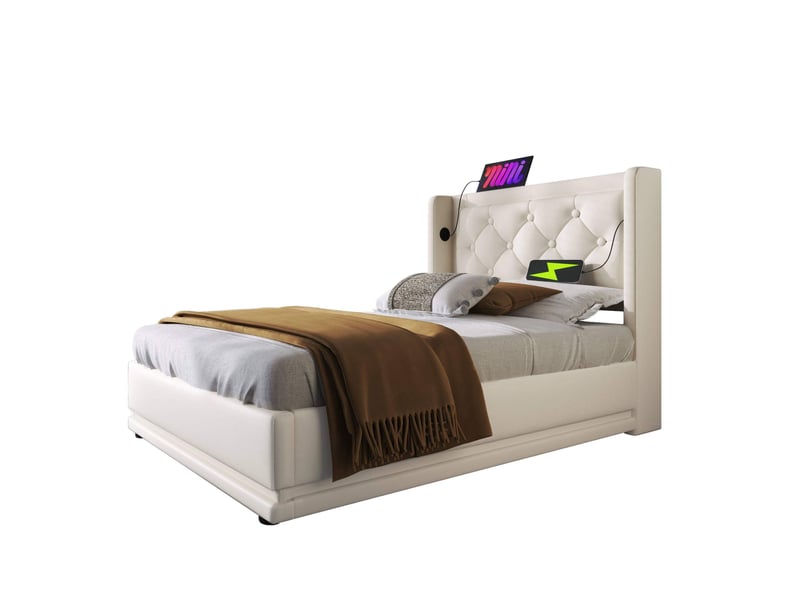  Modenvie lit coffre 90x200 cm - rangement hydraulique, ports usb et usb-c, sans matelas - blanc  - Conforama A