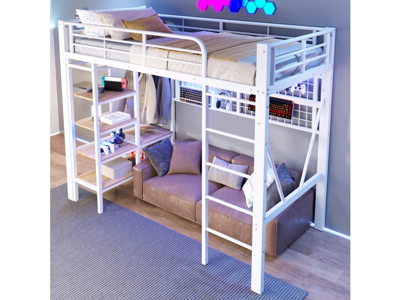  Lit mezzanine 90x200 cm éclairage led et rangements en métal et mdf blanc  - Conforama C