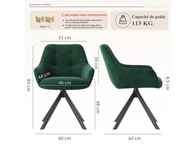 Lot 4 chaise pivotante premium avec demi-accoudoirs - chaise rotation à 360°base métallique haute stabilité, vert - Conforama C