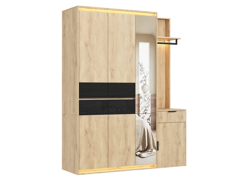  Armoire vestiaire 155x47x200 cm avec miroir et éclairage led, mdf, bois clair, rangement entrée et dressing, chambre  - Conforama A