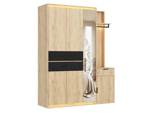 Armoire vestiaire 155x47x200 cm avec miroir et éclairage led, mdf, bois clair, rangement entrée et dressing, chambre