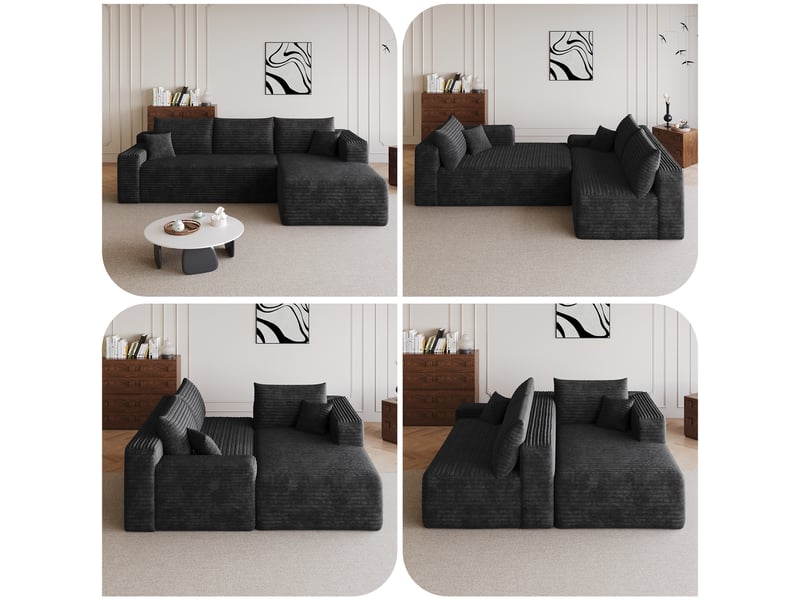 Canapé d’angle noir 3 places en velours côtelé, canapé avec méridienne de 241 cm pour salon, assise profonde et confortable - Conforama D