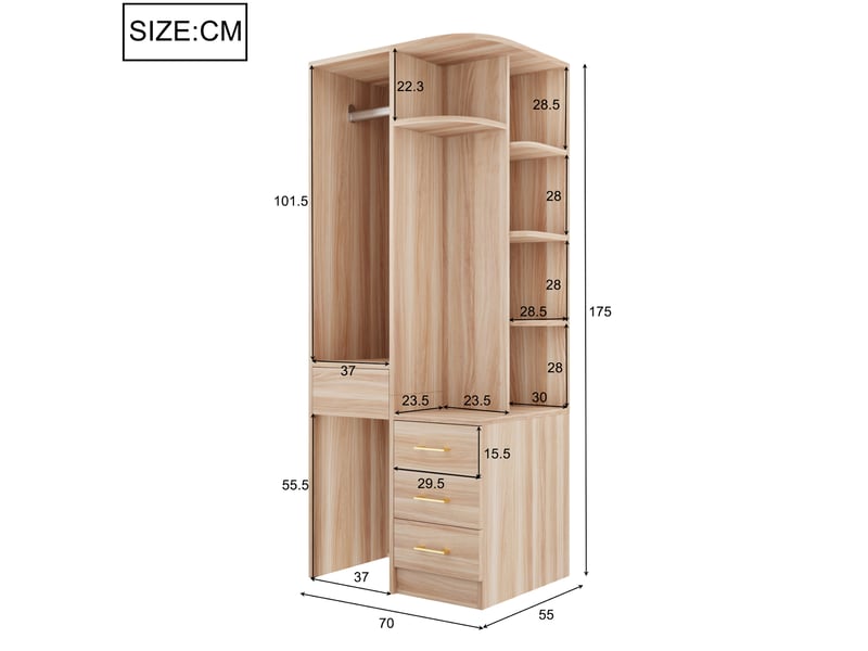 Armoire 1 porte avec penderie et étagères - 3 tiroirs - rangement vêtements - 70 x 55 x 175 cm - bois - Conforama C