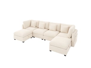 Canapé d'angle panoramique fixe <strong></strong> <strong></strong> 6 places Tissu beige avec coffre de rangement