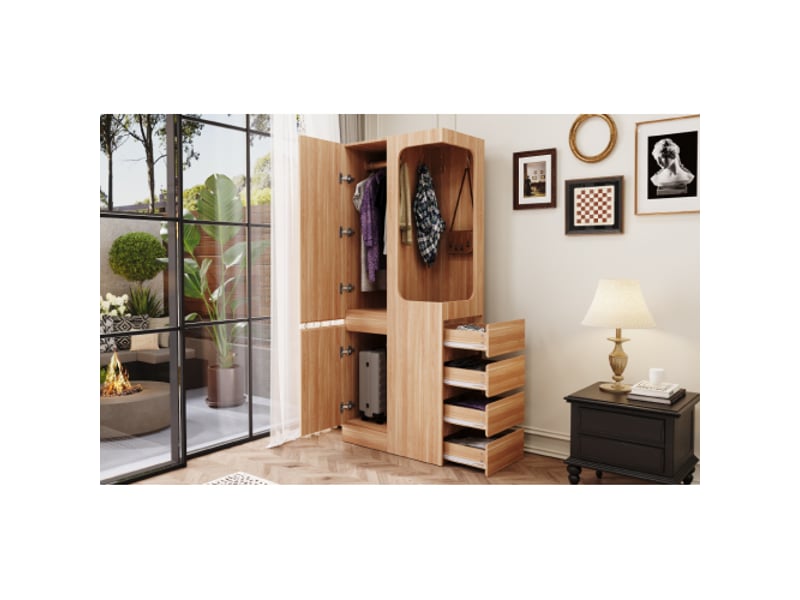 Garde-robe 70x40x170 cm - penderie à porte unique, tiroirs et rangements, espace penderie ouvert, bois clair - Conforama E