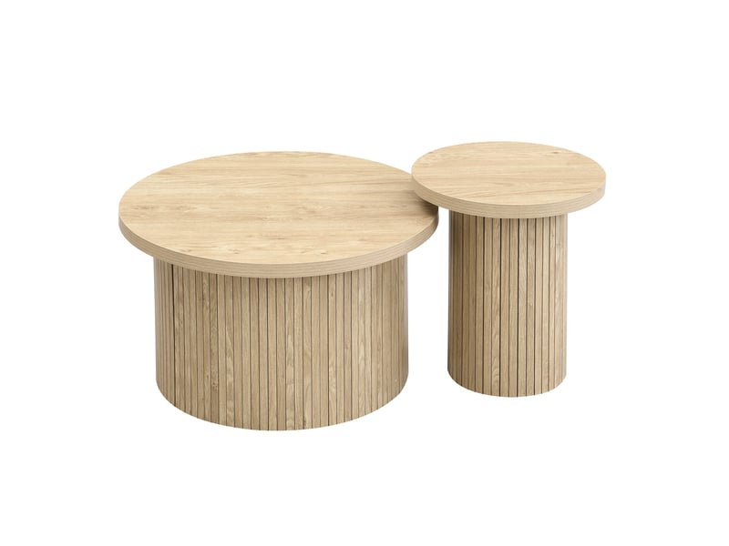  Tables basses gigognes rondes avec structure à lattes et design modulable pour salon, en mdf, couleur naturelle  - Conforama E