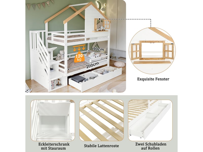  Lit superposé enfant 200×90 cm par couchage avec escalier à tiroirs, fenêtre ouvrante, sans matelas, blanc et naturel  - Conforama E