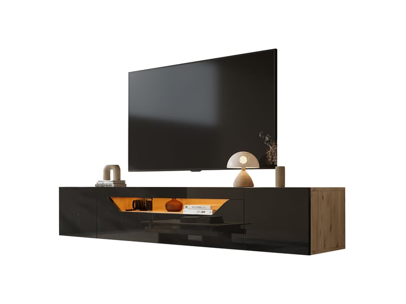  Meuble tv mural 180 x 37 x 36 cm avec led et rangements, noir et bois  - Conforama A