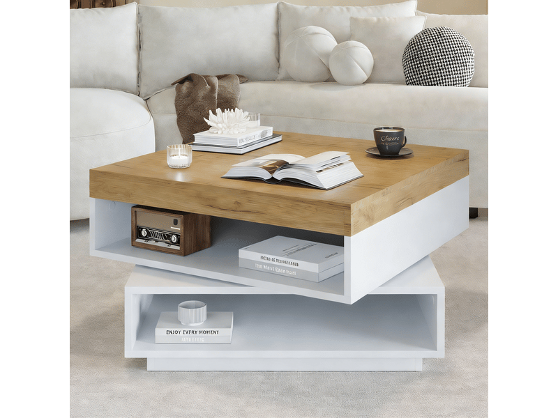 Table basse carrée 65x65x40 cm - plateau pivotant 360° - led intégrée - rangements ouverts - structure mdf - blanc et bois - Conforama B