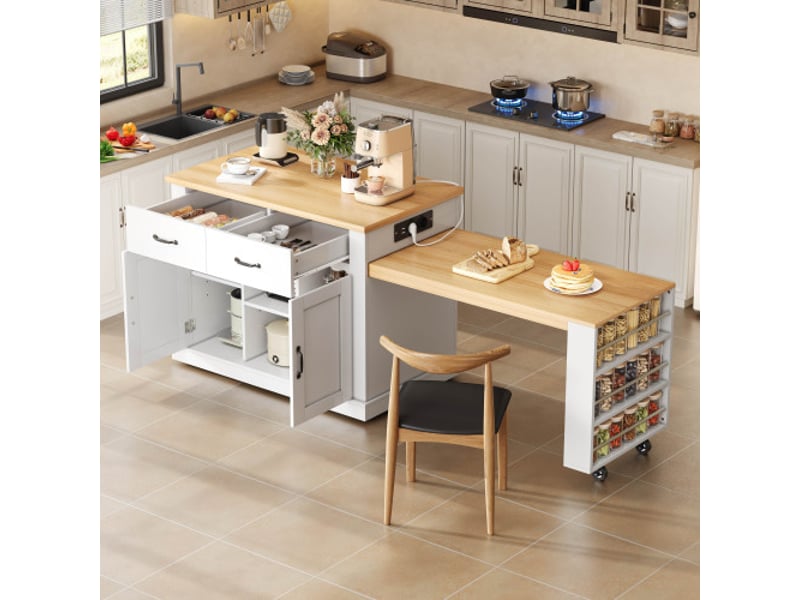 Îlot de cuisine avec table extensible, 2 portes et 2 tiroirs, blanc et chêne, 132(235)x70x90 cm - Conforama B