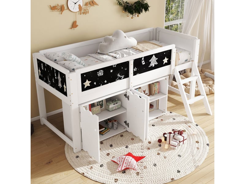 Lit enfant 90x200, garde-corps sécurité lit combine enfant, rangement armoire double porte, tableau ardoise intégré, structure pin mdf contreplaqué blanc - Conforama B