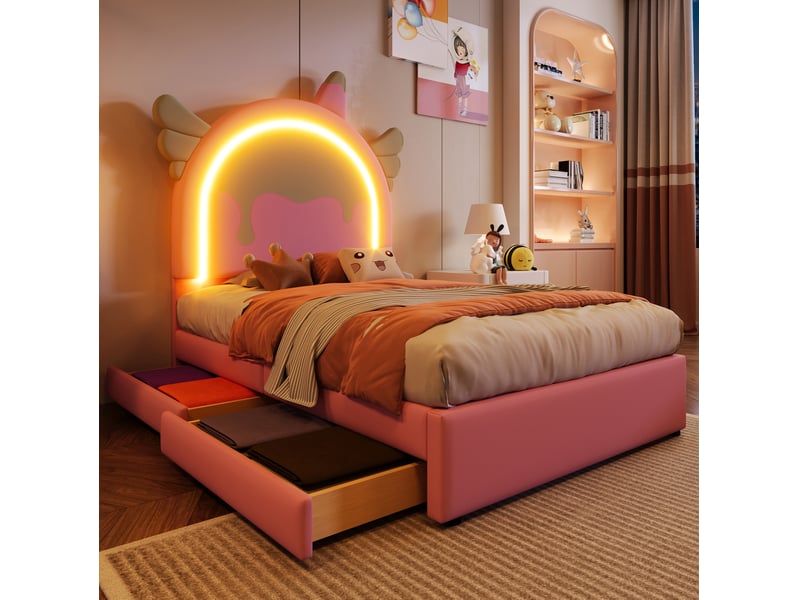  Lit enfant licorne 90 x 200 cm avec bande lumineuse et 2 tiroirs, pu rose  - Conforama E