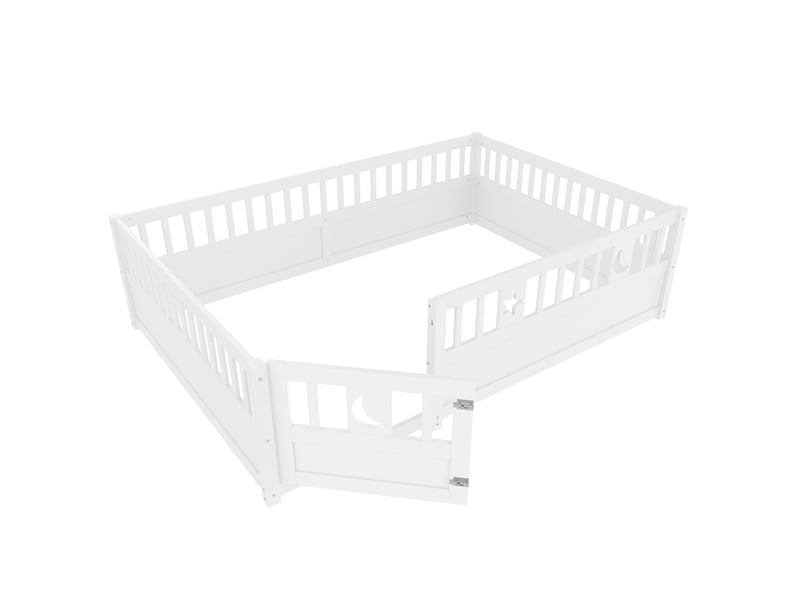  Lit enfant 140 x 190 cm avec barrières, portillon verrouillable et décor étoiles et lune, sans sommier à lattes, pin et contreplaqué, blanc Fay Lum - Conforama D