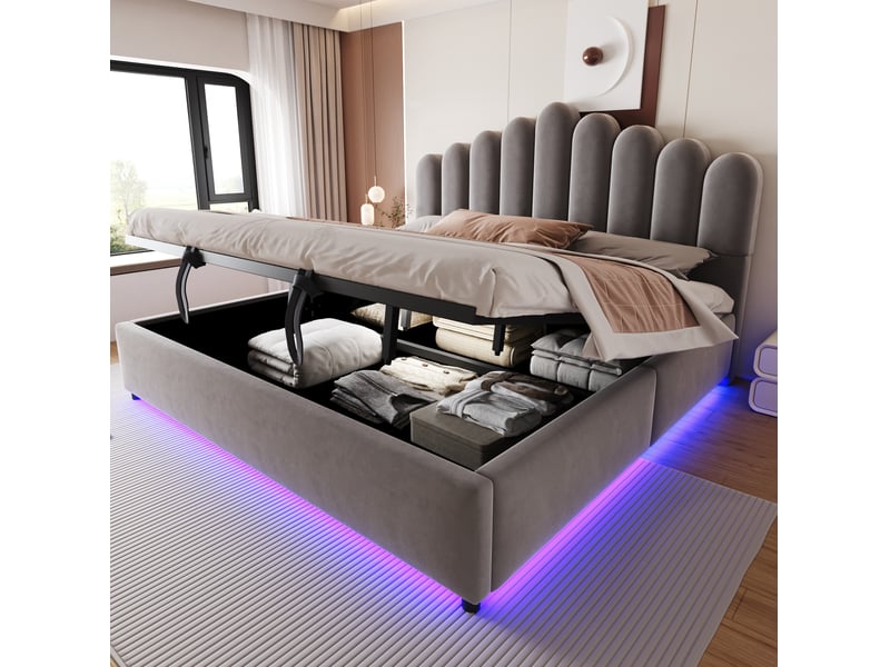  Lit double 180 × 200 cm avec coffre hydraulique, tête de lit matelassée et led, en velours gris pour chambre  - Conforama D