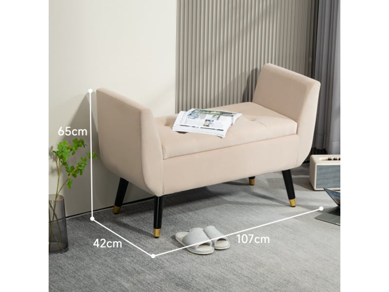  Banc coffre beige effet velours avec accoudoirs, rangement, bois d’hévéa, 107x42x65 cm  - Conforama B